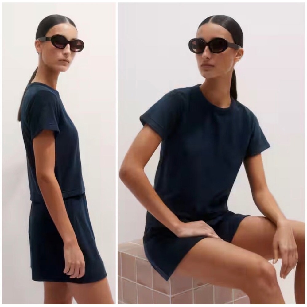 ME+EM Towelling Baby Tee Terry Navy Blue Short Sleeve Crew Neck Top - 6